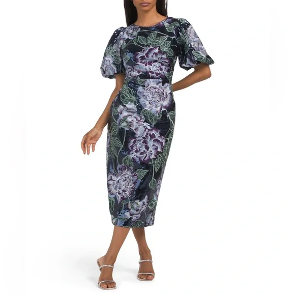 MARCHESA NOTTE NAVY FLORAL EMBROIDERED BUBBLE SEQUIN MIDI DRESS - Picture 6 of 8